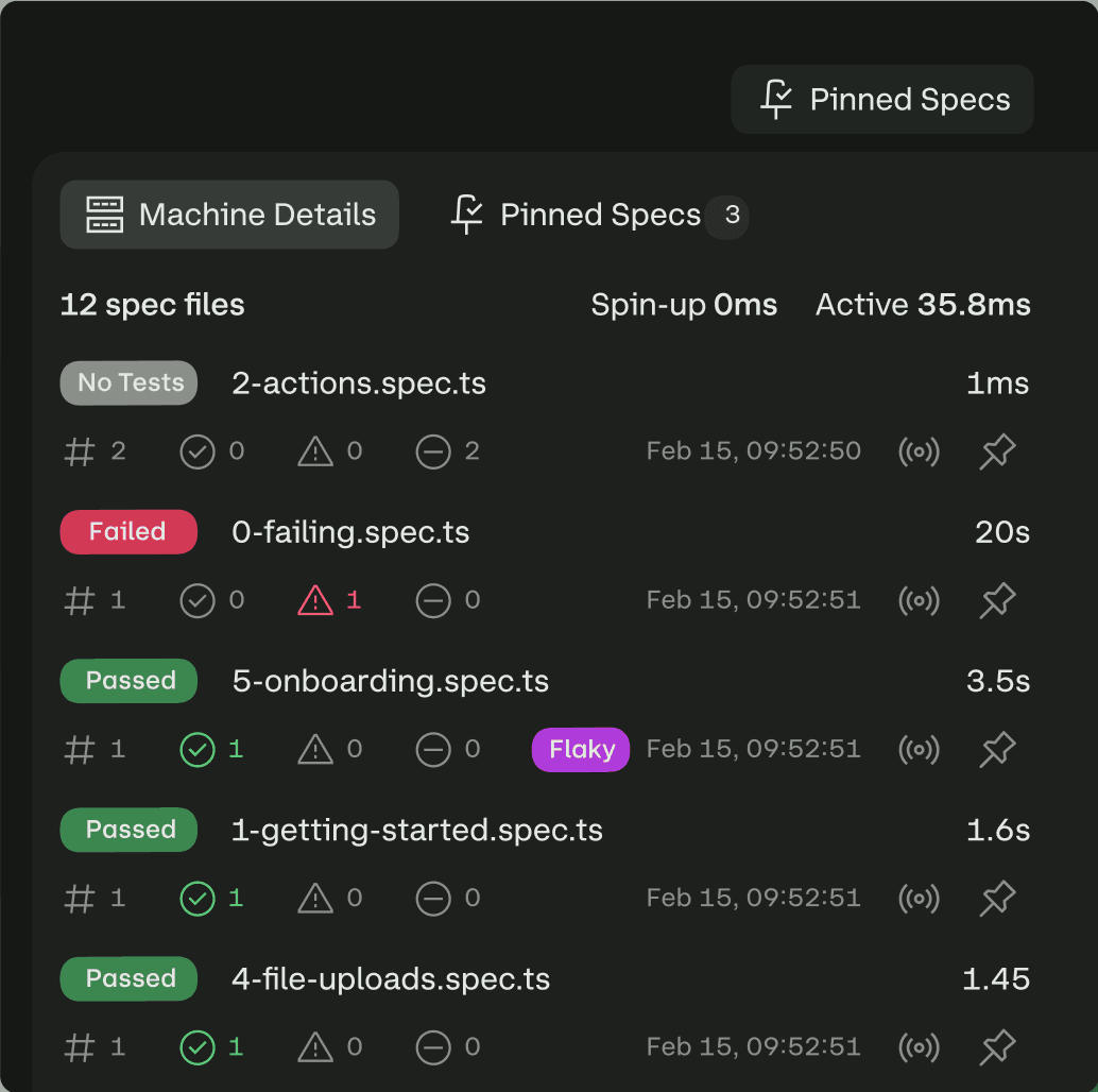 The Currents spec explorer: twelve spec files listed with passed, failed and flaky status, retry and error counts, durations and timestamps.