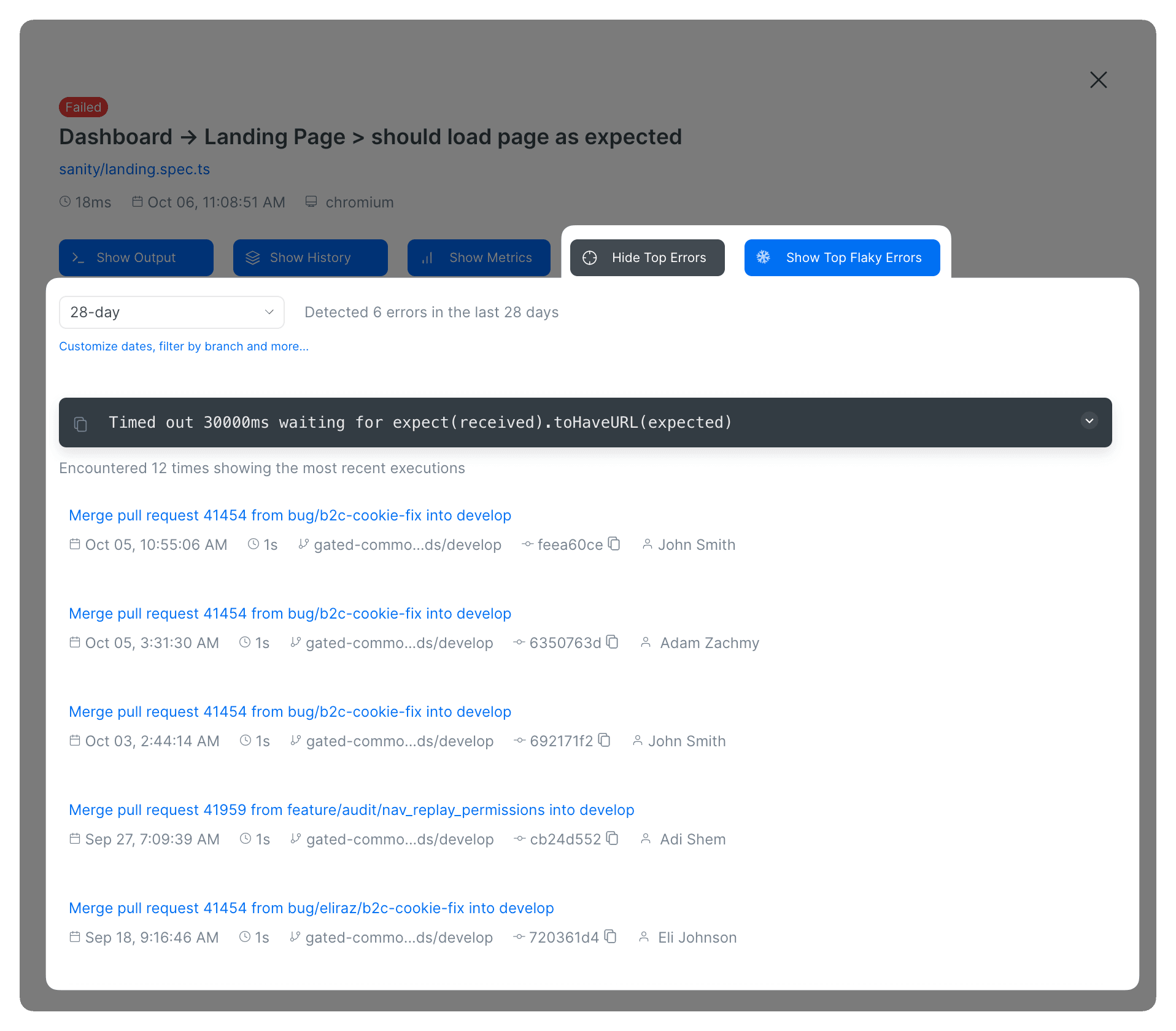 Currents tracks error messages for each individual failed test attempt, and provides a quick access to the most common errors that cause failures or flakiness