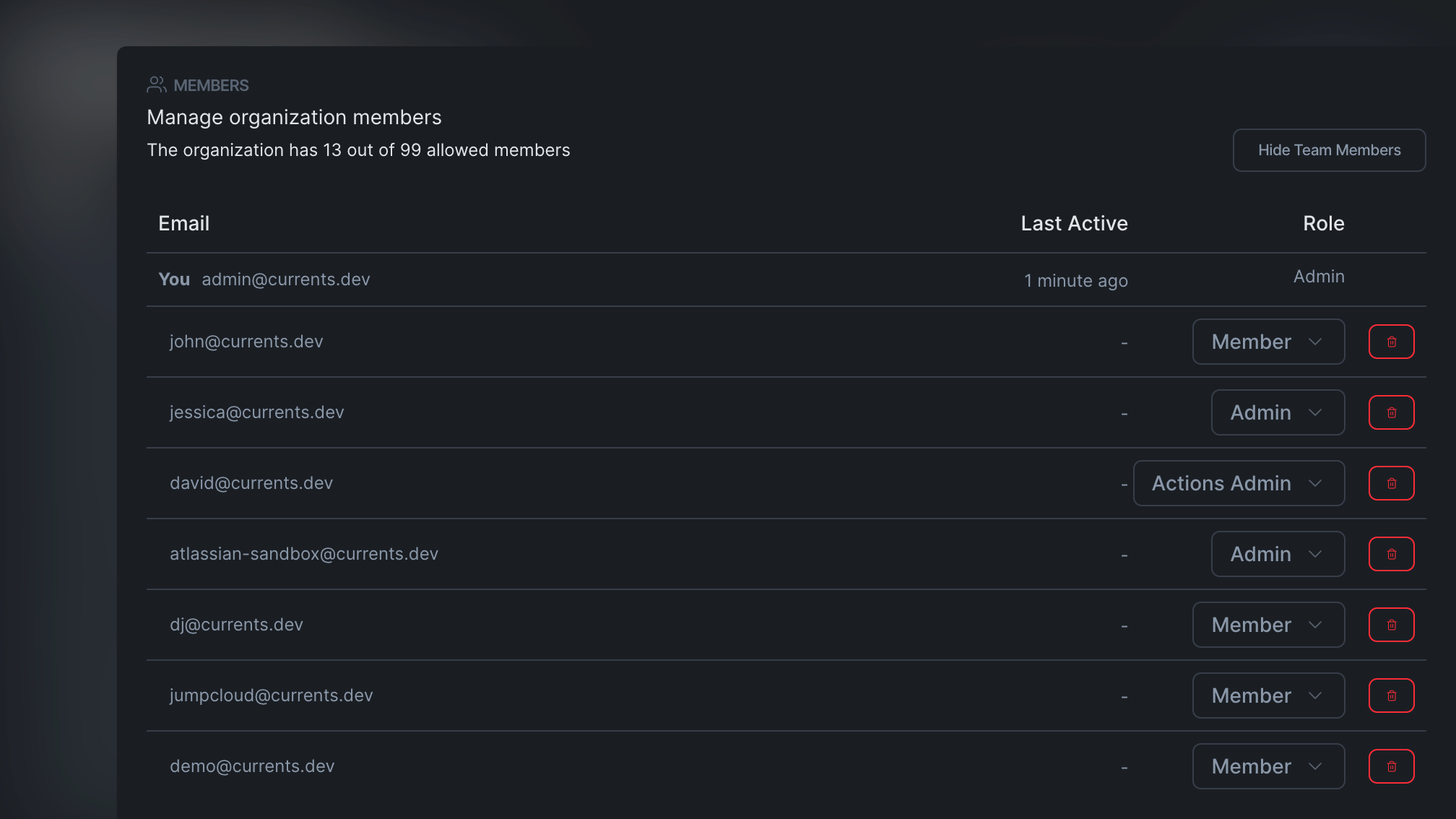 Screenshot of Actions Admin role interface